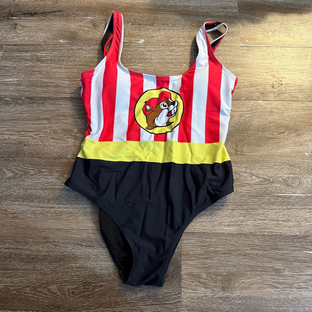 Buc-ee's Striped Women's One Piece Swimsuit XS Black Red Poolside Summer